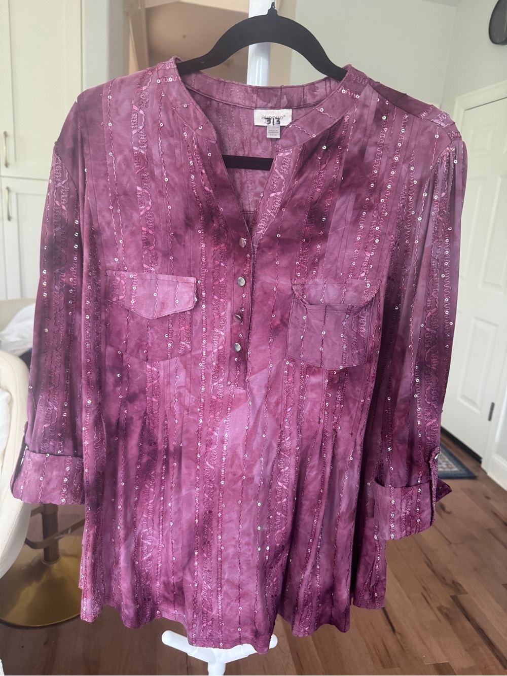 NY Collection Plum Sequin Stripe Tunic Top